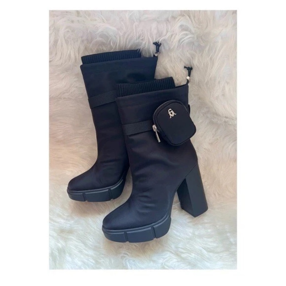 New! STEVE MADDEN RiseUp Zip Pocket Nylon Platform Square Heel Ankle Boots - Picture 11 of 15
